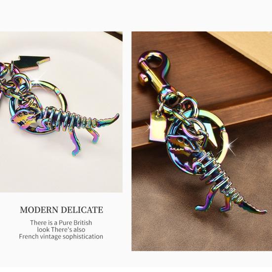 Keychain Pendant Dinosaur T-Rex Skeleton Metallic Luster Bag Charm Alloy Triple Reinforced Lobster Clasp Key Ring