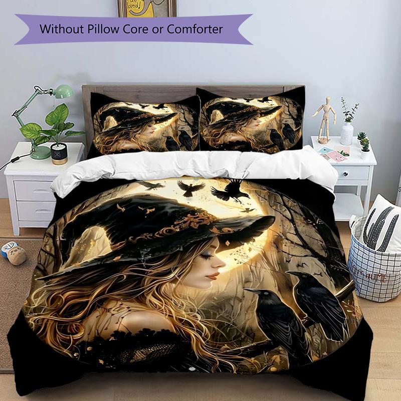 3pcs Witch's Moonlit Journey Bedding Set - Includes Quilt Cover and Pillowcases, Suitable for All Seasons,