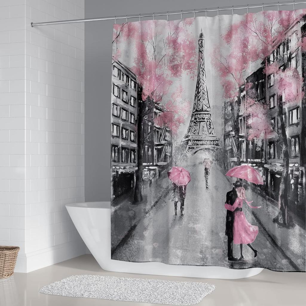 DDS-DUDES Valentines Shower Curtain Set with Paris Eiffel Tower Decor Bathroom Sets with Shower Curtain and Rugs Vintage Landscape Scenery Romantic