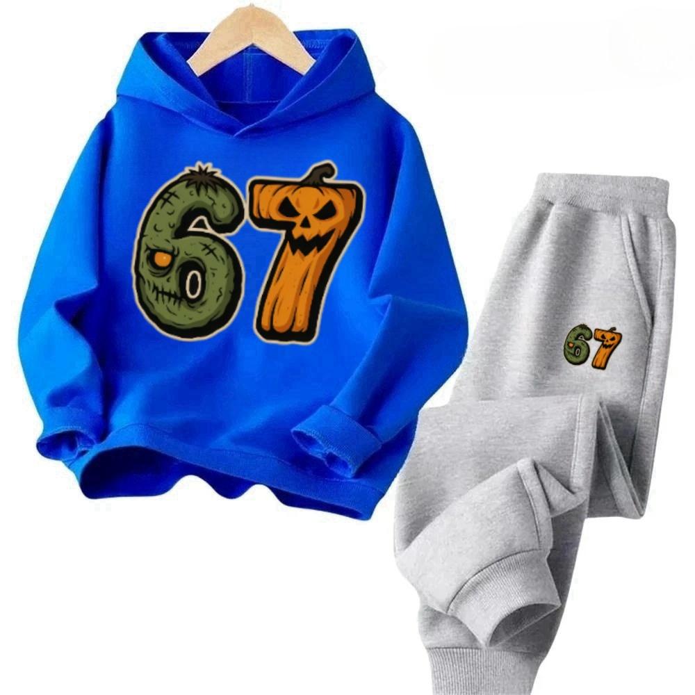 67 Number Meme Print Hooded Tracksuit - Funny Year Old Kid Design  Regular Tracksuit, Spring and Autumn - Hoodie and Slacks Set