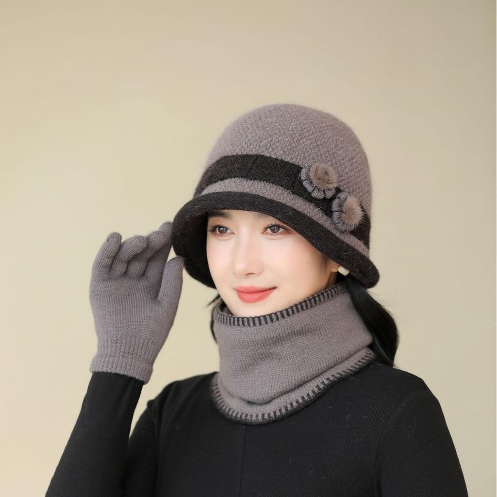 Hat Women Autumn and Winter Woolen Hat Mother Hat Outdoor Bike Protection Ear Warm Old Lady Knit Hat