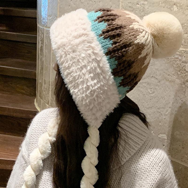 Jacquard Fur Ball Plus Velvet Knitted Hat for Women Winter Cold Protection and Ear Protection Woolen Hat Cycling Lei Feng Hat
