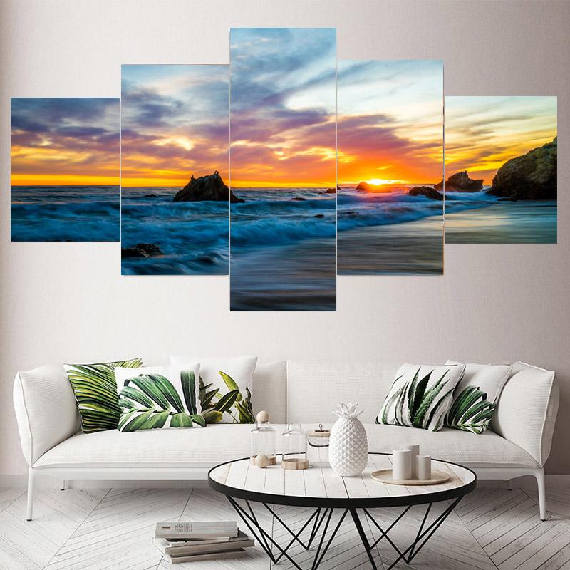 5 Pieces Natural Blue Beach Sunset Landscape Canvas Painting Seascape Posters And Prints Wall Art Pictures Home Decor No Frame