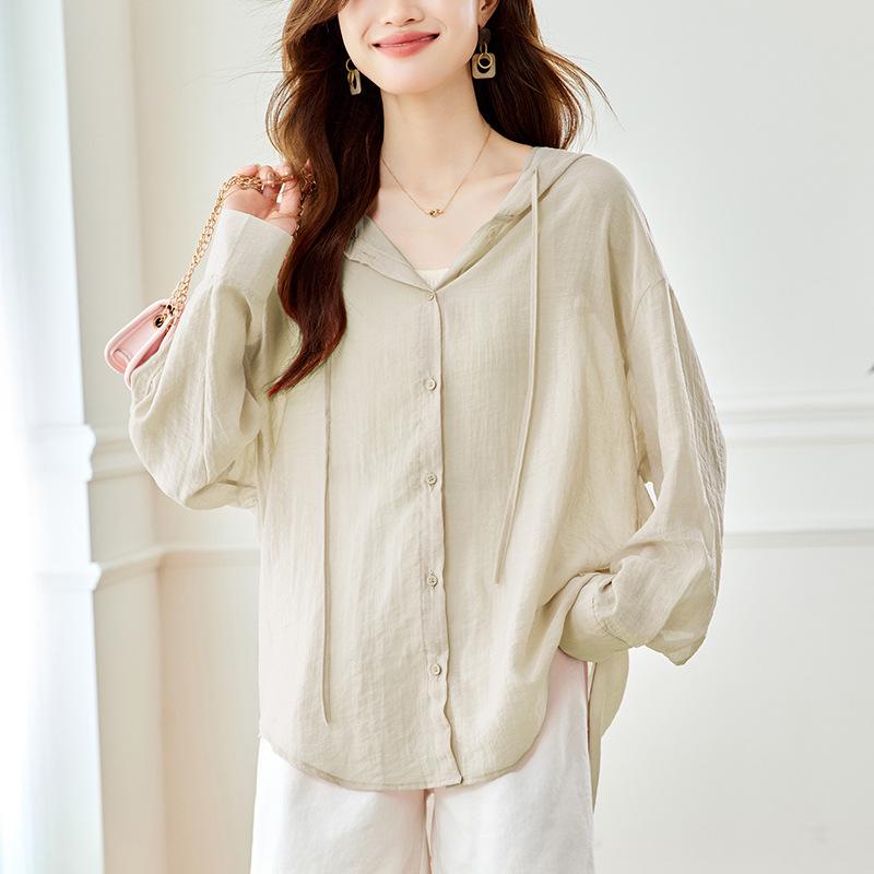 Cămașă subțire cu glugă și mâneci lungi în stil leneș, haine de protecție solară pentru primăvara femeilor, top nou larg