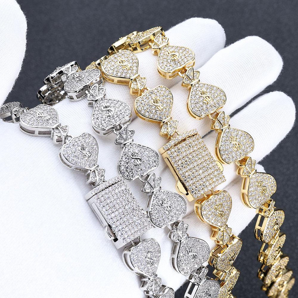 Fashion Full CZ Cubic Zirconia Dollar Purse Sign Cuban Link Bracelet Iced Out Miami Bling Diamond Hip Hop Jewelry for Men Women