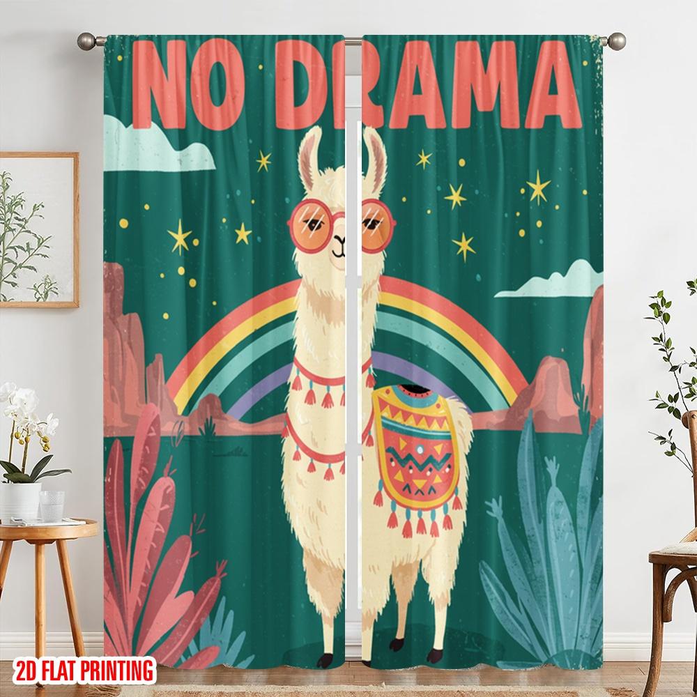 2pcs 2D Flat Printing Curtain Llama No Drama Polyester Without Electricity Festive Holiday Perfect for Holiday Celebrations