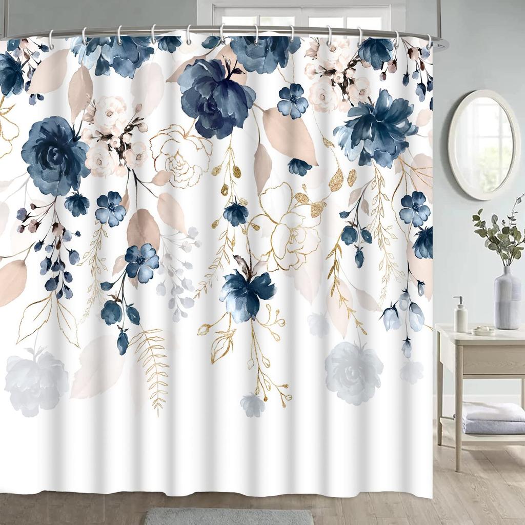 Blue Floral Shower Curtain Watercolor Flower Bath Curtain Polyester Fabric Waterproof Bathroom Curtains with Hooks Bath Screen