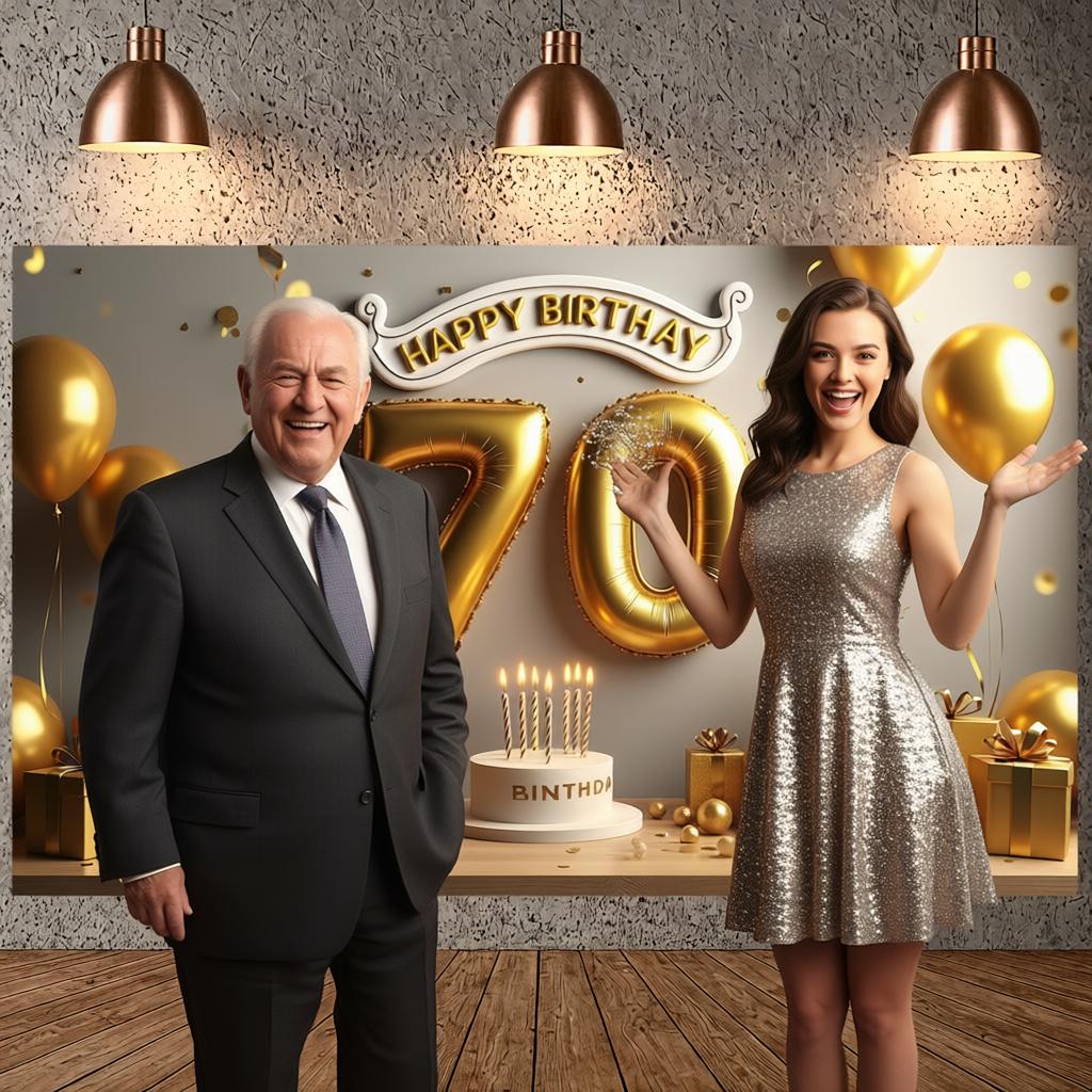 Golden Birthday Display Golden Theme Senior Party Backdrop Birthday Party Background Metallic Balloons 70th Anniversary Banner