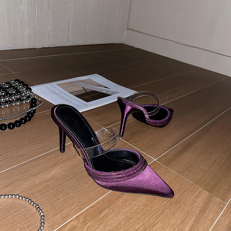 

2025 осень Сун Чжихуэй одинаковые остроносые стразы атласные туфли на высоком каблуке сумка голова прозрачный тонкий каблук римские крутые шлепанцы женские 40