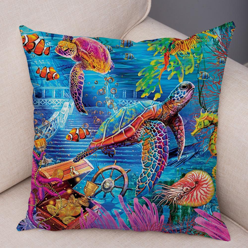 

Marine Turtle Dolphins Shark Cushion Cover Short Plush Decor Colorful Ocean Animal Pillowcase Pillow Case for Sofa Home Car 40x40cm16x16Inch