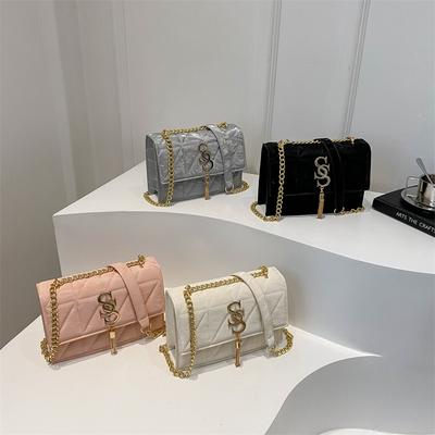 Summer Chain Simple Embroidery Thread Solid Color Trendy Casual Retro New One-shoulder Crossbody Small Square Bag for Women