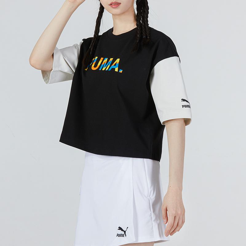 Puma Color Block Cropped Tee Logo Round Neck Short Sleeve T-Shirt Women Tops Black 535007-01