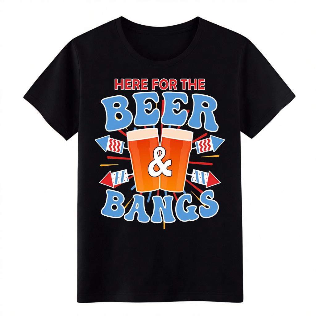 Here For The BeerBangs Patriotic T-Shirt 4th of July Fireworks Tee for Men Women