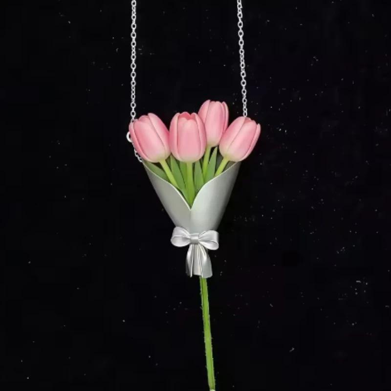 Fashion Flower Arrangement Packaged Pendant Necklace for Women Exquisite Sweet Bouquet Packaging Collarbone Chain Jewelry Gift