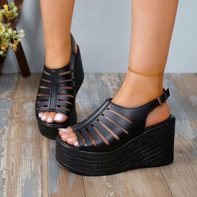2024 Fashion Woman Black Sandals Side Buckle Peep Toe Women Summer Hollow Shoes Platform Sandal Lady Wedge Shoes Big Size