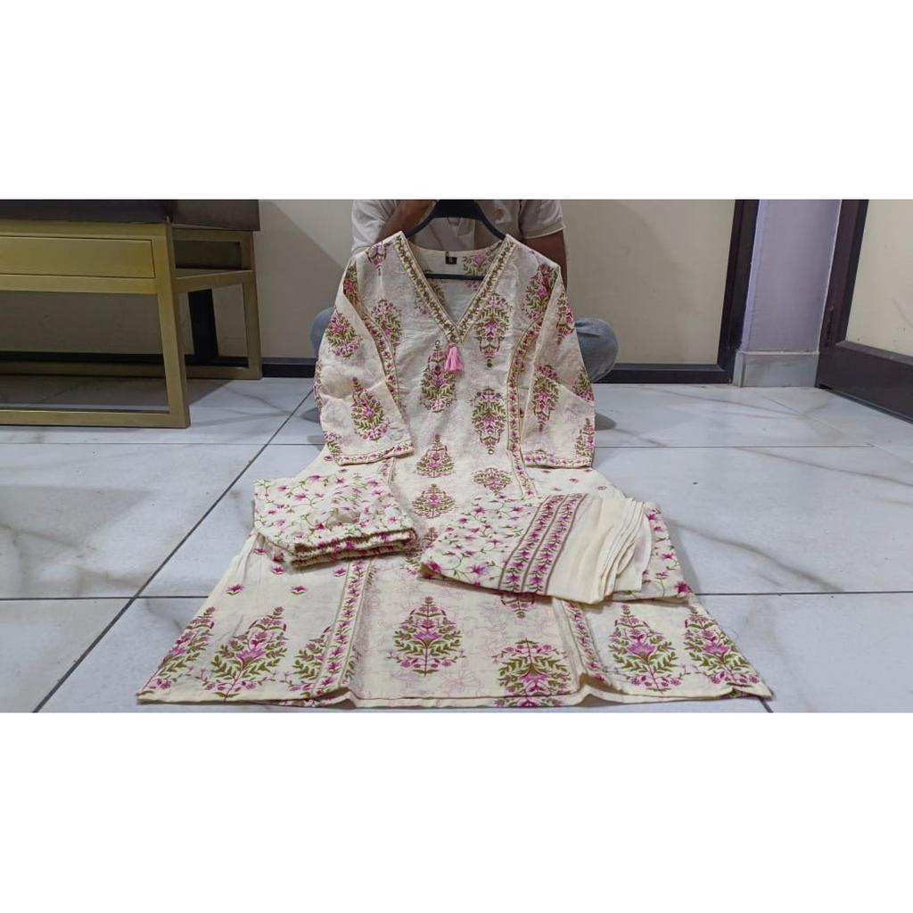 Hand Block Printed Pure Cotton Salwar Suit Indian Women's Kurti Pant Dupatta Set