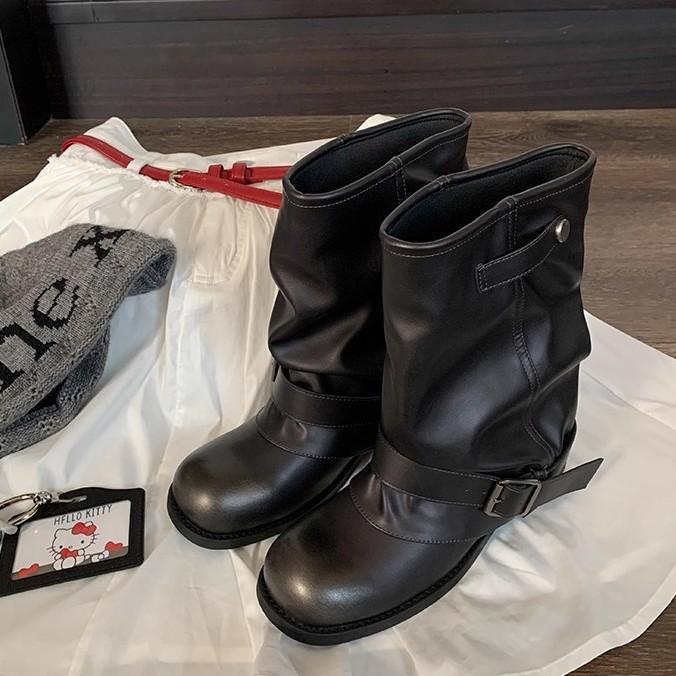 Leather version! Spice Girls Pants Boots Women's Pleated Pile Boots Retro British Maillard West Martin Boots