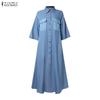 ZANZEA Women Casual Turn Down Collar Short Sleeve Patchwork Long Shirt Dress
