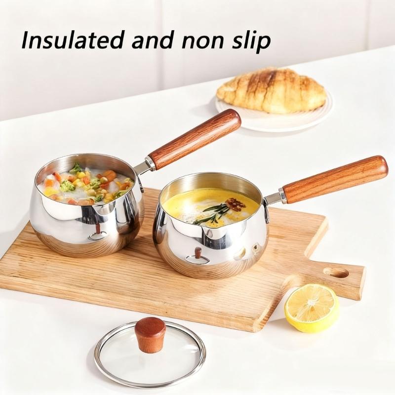 Stainless Steel Saucepan Small Cooking Pot Cookware with Ergonomic Wood Handle Efficient Milk Pan Kitchen Accessories