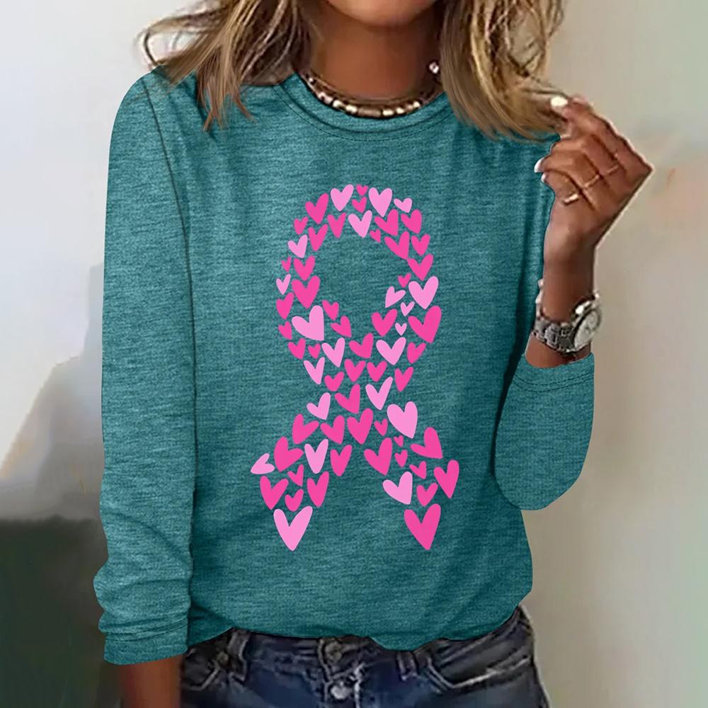 Heart Motif Pink Ribbon Print Designer Women's T-shirts Fashion Fall Cotton Long Sleeves T shirt Casual O-neck Women Clothing