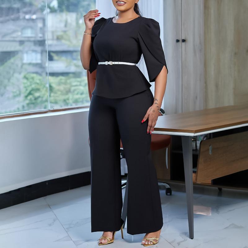 Dámská nová móda Temperamentní elegantní jednobarevné top široké kalhoty dvoudílný oblek