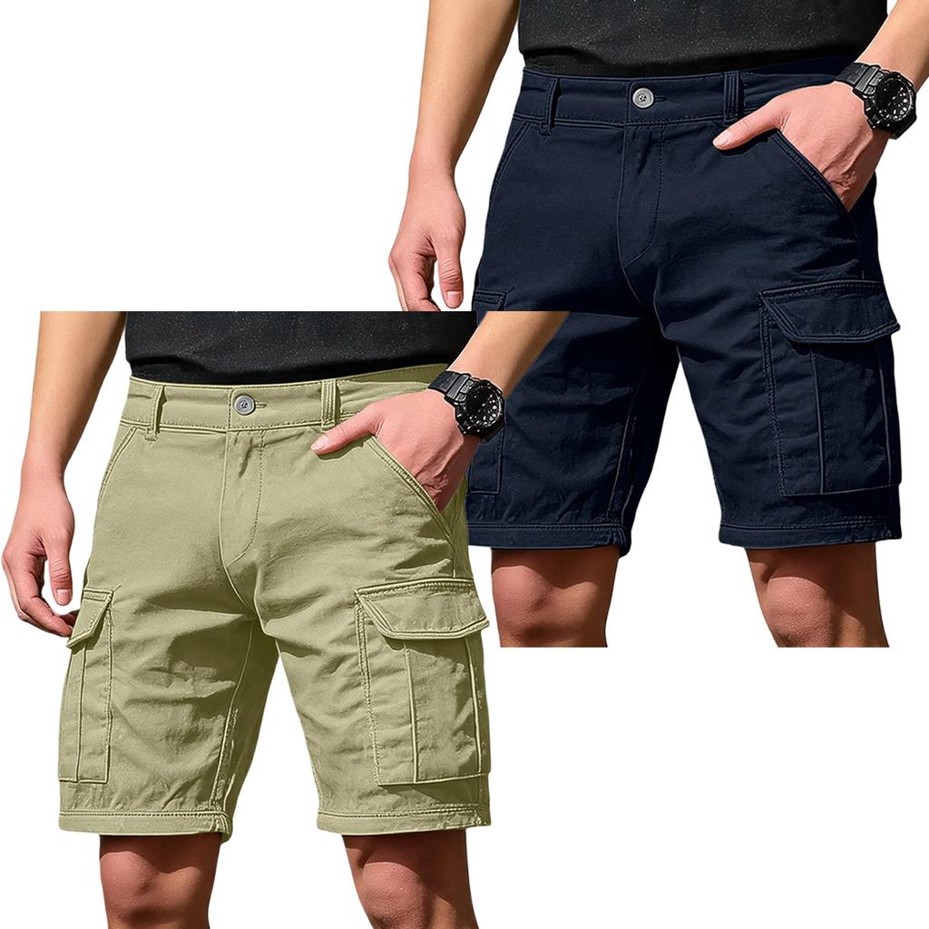 Men's Cargo Shorts 6 Pocket Elastic Waist Button Closure 2 Pack Casual Work Shorts