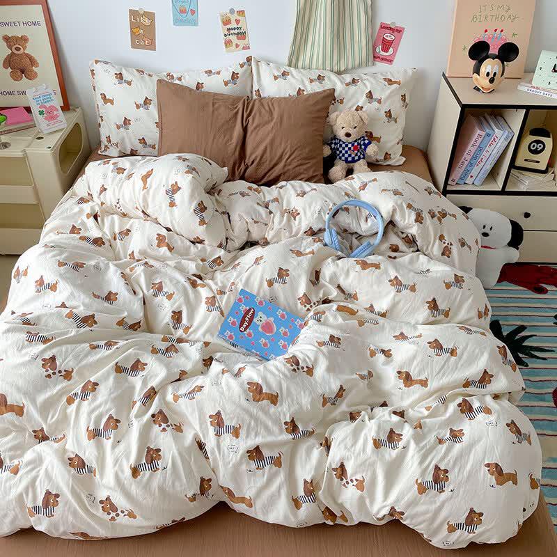 INS Style Washed Cotton Happy Puppy 4-Piece Bedding Set