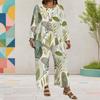 Women Plus Size Tropical Leaf Printed Round Neck Long Sleeve Layered Top Wide Leg Cropped Pants Two Piece Set