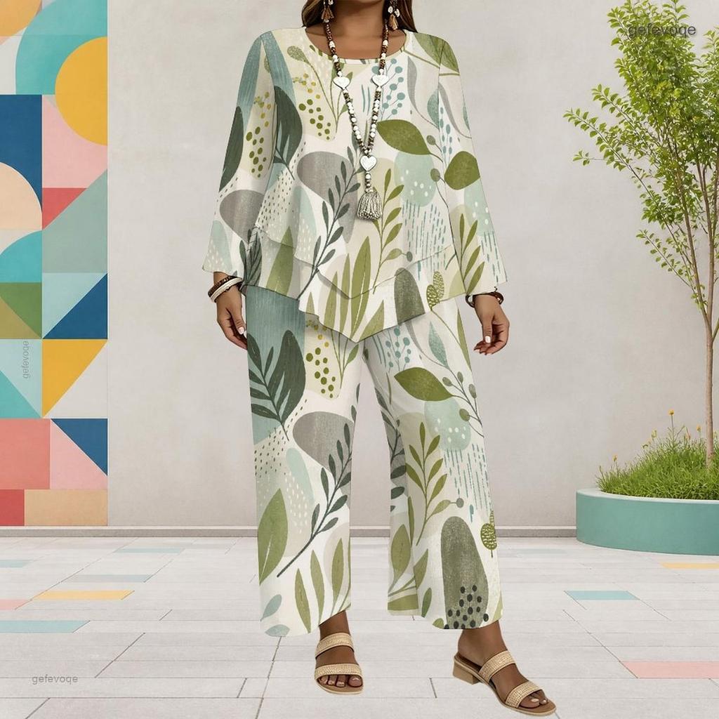 Women Plus Size Tropical Leaf Printed Round Neck Long Sleeve Layered Top Wide Leg Cropped Pants Two Piece Set