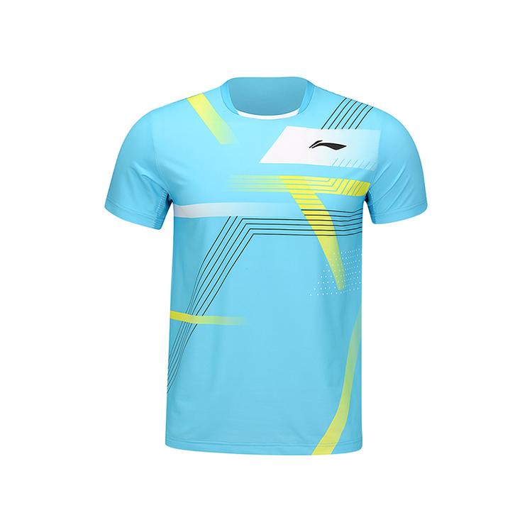 Li Ning Badminton Series Striped Quick-Dry Straight-Cut Short Sleeve T-Shirt Men Tops Sky-Blue AAYU137-3