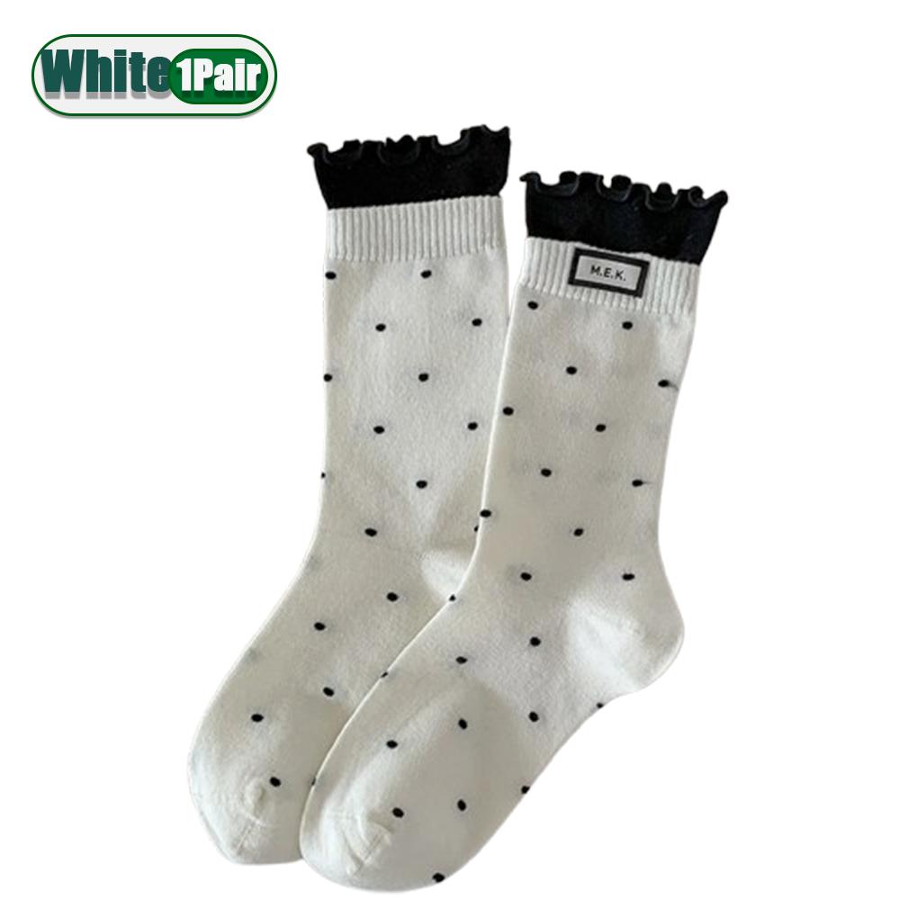 Women Cotton Long Socks Soft Breathable Cute Dots Frilly Edge Retro Preppy Style Comfortable Casual Fashion Socks For Everyday