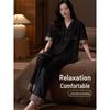 Women's Soft Ice Silk Pajama Set: Short Sleeve, Long Pants, Leopard Print, Cool, Lightweight, Luxurious Summer Loungewear.