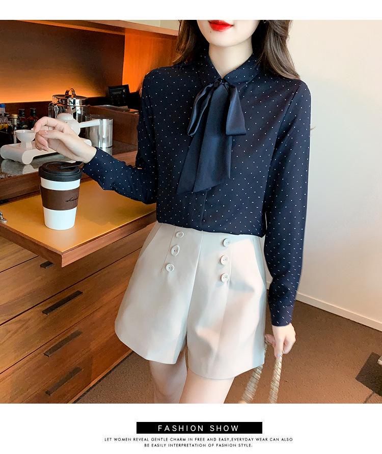 Polka Dot Bowknot Chiffon Blouse - Women's Long Sleeve Autumn Fashion