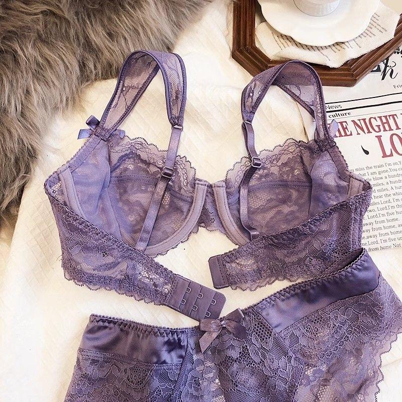 New sexy lace underwear women's big breasts show small and thin upper support anti-sagging breathable bra cover set
