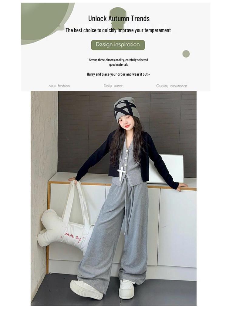 2025 Girls' Trendy Two-Piece Autumn Set: Cardigan Sweater & Wide-Leg Pants