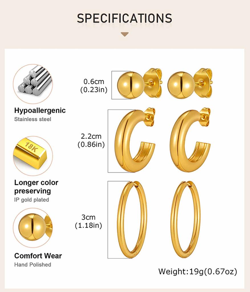 18K Gold Plated Stainless Steel Hoop Earrings, Hypoallergenic Ball Studs For Multiple Piercing Stack Women 3pcs in One Set