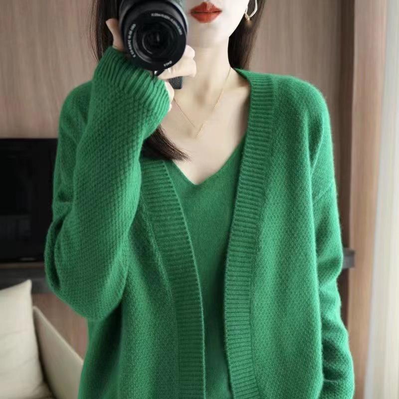 Women Autumn Winter Solid Causal V-Neck Top Vest Long Sleeve Knitwear Knit Sweater Cardigan 2 Pic