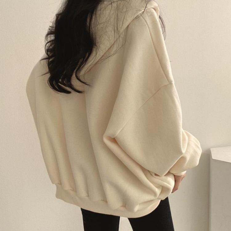 Women Loose Fashion Drop Shoulder Hooded Sweatshirt Top Large Size Solid Color Patch