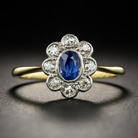 Vintage Oval Blue Sapphire & Diamond Halo Ring 14K Gold Floral Cluster Engagement Ring Luxury Antique Style Jewelry For Women 7