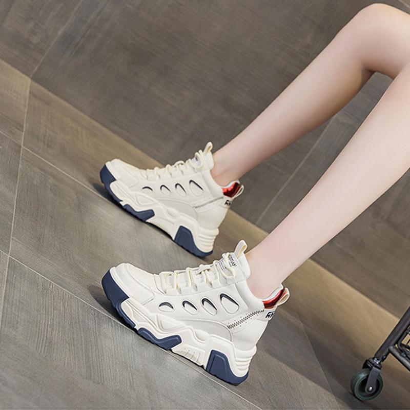 100% Genuine Leather Shoes Women Fashion Sneakers High top Brand Ladies Height Increasing Shoes 7cm Pure Black Blue