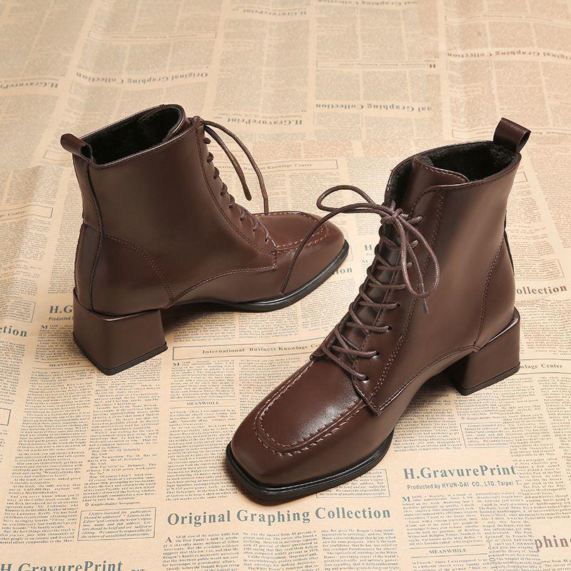 Fashion Square Toe Leather Heeled Women's Ankle Boots Autumn Winter Fleece-Lined Lace-up Female Short Shoes High Quality New In Booties