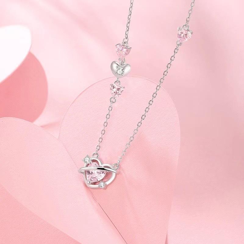 Love Heartbeat Necklace Fashion Pink Zircon Heart-Shaped Women'S Pendant Light Luxury Niche Sweet Cool Light Luxury Style Collarbone Chain Quality
