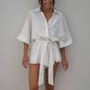 European and American Style Design Sense Shirt Collar Jumpsuit for Women's Summer  New Versatile Waist Tied Short Sleeved Ju