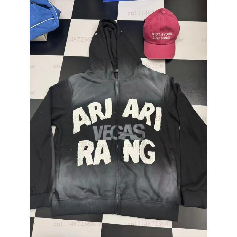 Arirang Tour Washed Green Zip Up Cropped Hoodie Raw Cut Patch Number Decoration Loose Casual Street Style Fans