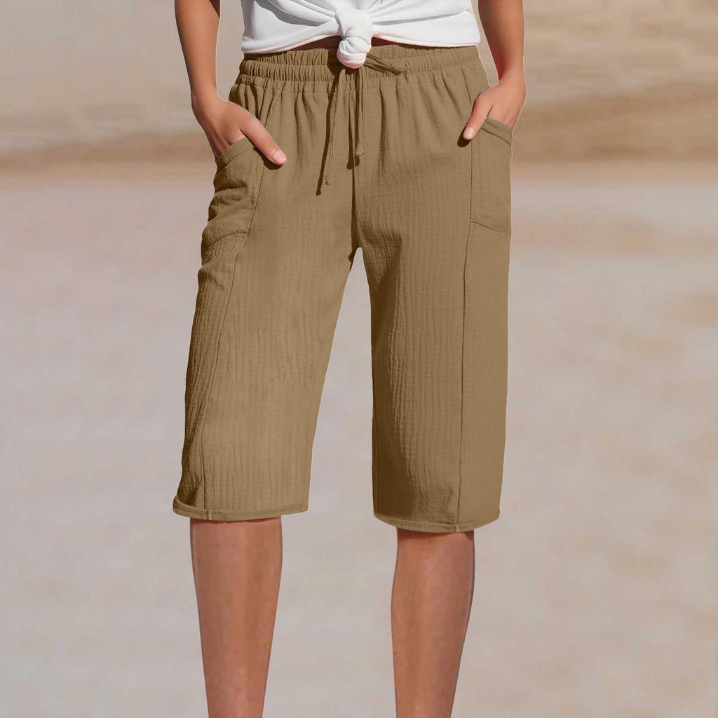 Dámské letní lněné šortky - Elastický pas Sklady Kapsa Ležérní Capri
