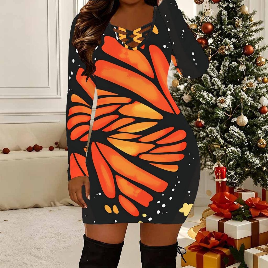 Women Plus Size Long Sleeve V Neck Crisscross Hollow Bodycon Mini Club Evening Dress