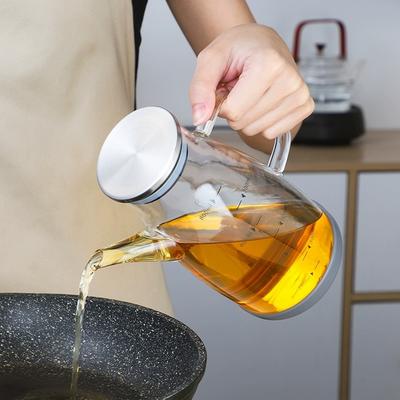 Oil Pot 600/800/1000ml Glass Oil Bottle with Scale Stainless Steel Lid High Temperature Resistant Household Kitchen Oil Pot