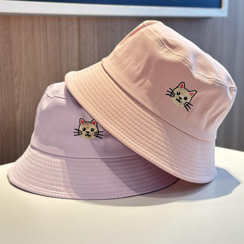 Cat Embroidered Cotton Fisherman Hat With Sun Protection For Casual Summer Wear