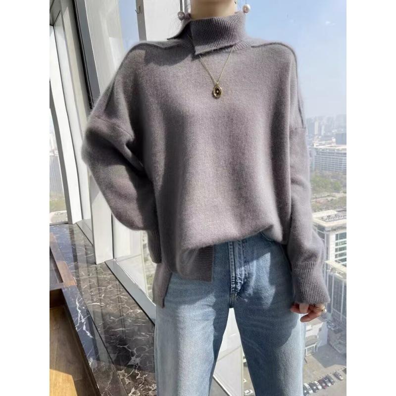 Autumn and Winter New High Lapel Collar Diagonal Split Fork Women's Versatile Loose Pullover Shoulder Sleeve Bottoming Knitted Sweater
