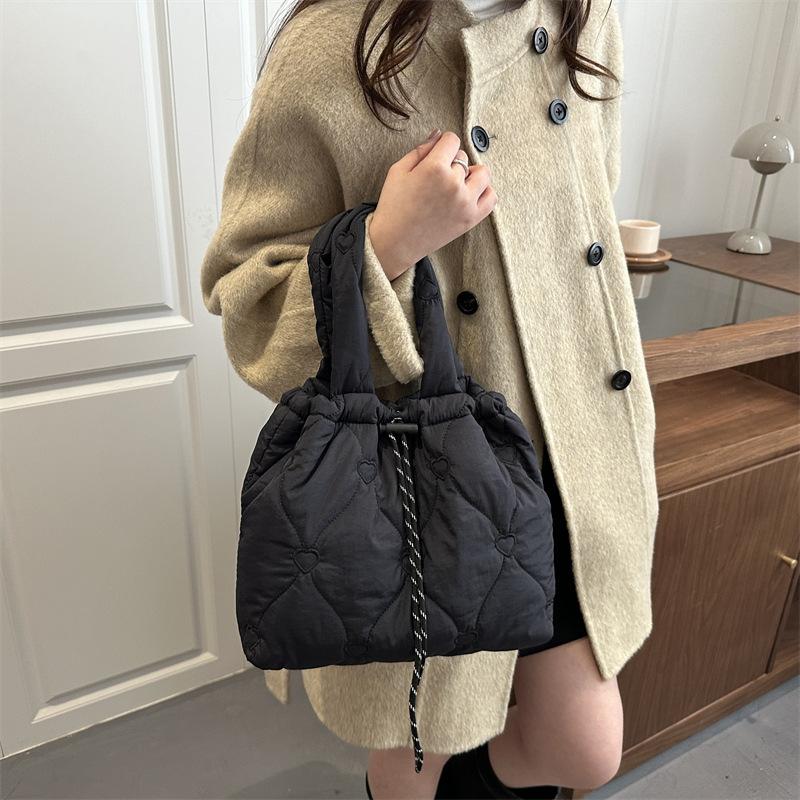 Fashionable Cotton-padded Jacket, Embroidered Single-shoulder Bag, Large-capacity Casual Tote Bag, Pleated Bucket Bag